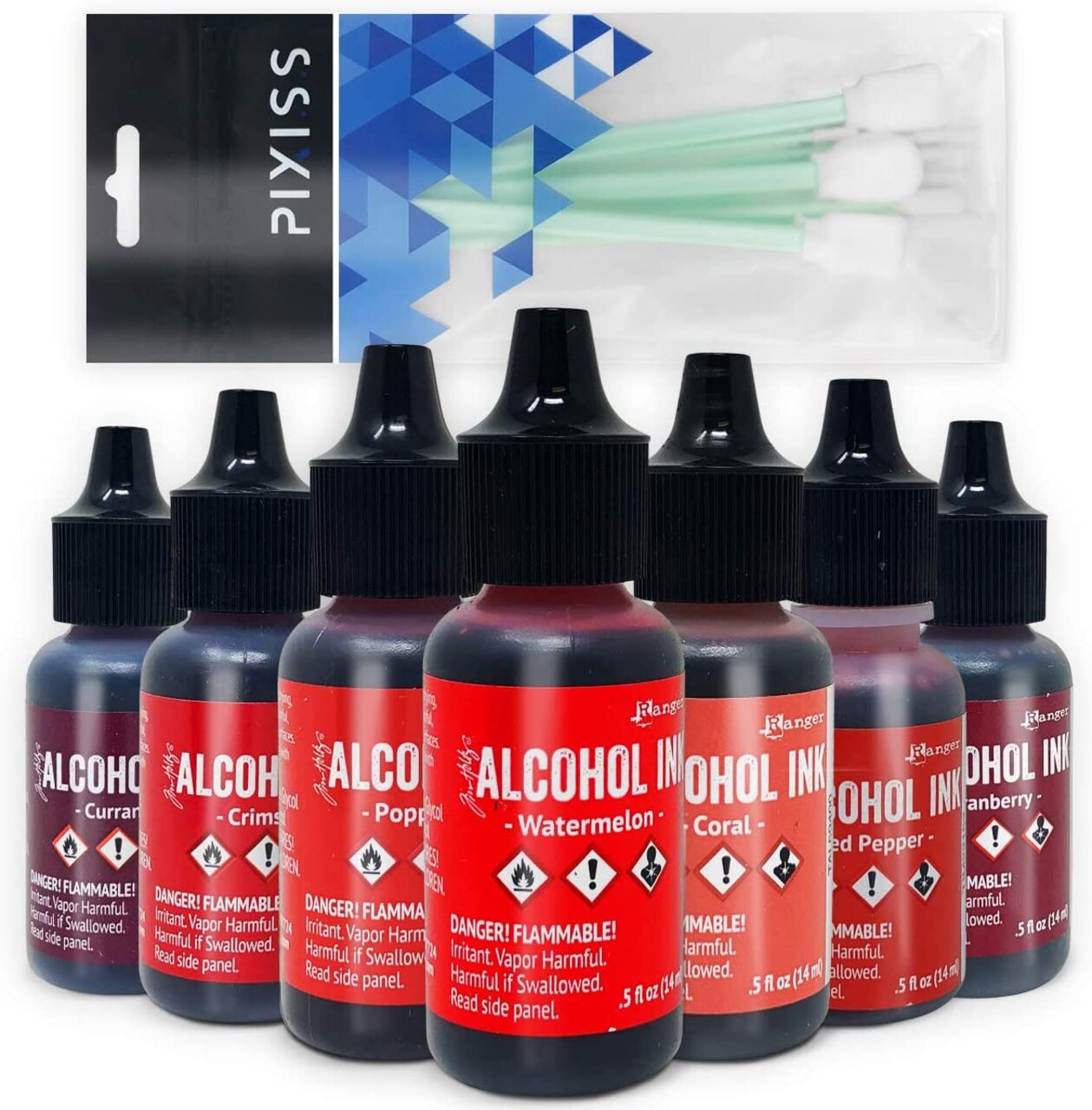 Red Alcohol Inks Set, Tim Holtz Alcohol Ink Reds 7-Pack, 10 Pixiss Blending Tools